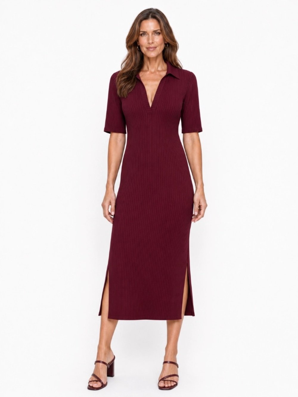 Colleen Lopez Size L Burgundy Ribbed Midi Dress Collared Side Slit NWOT